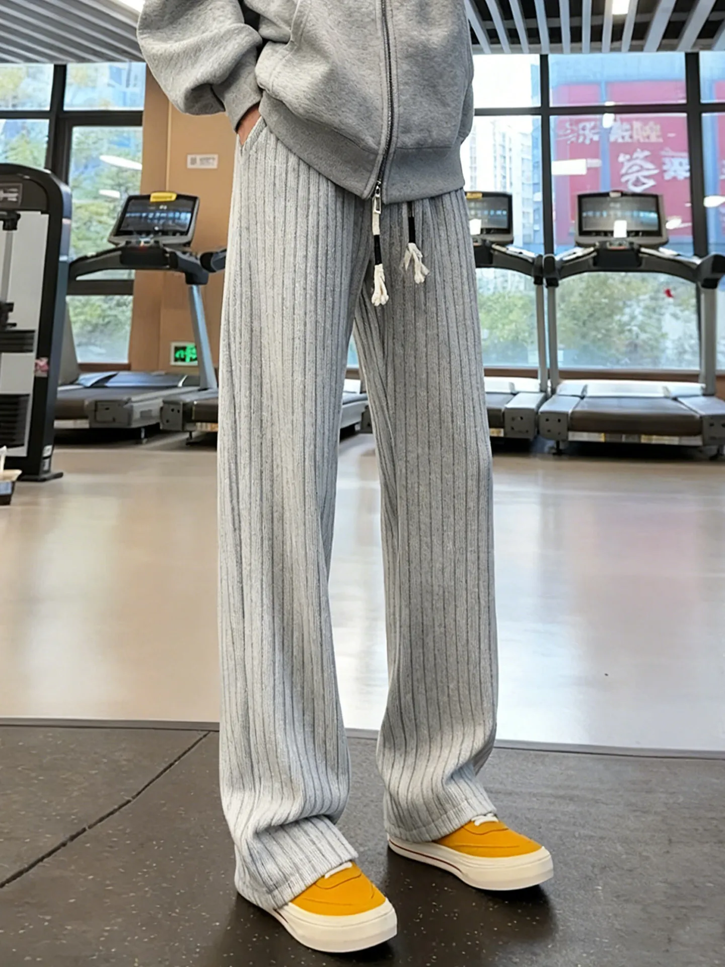 

ay Knitted Fce Lined Lazy Sle Casual Pants Men's Autumn Winter Straight Leg Comfortable Soft Polyester Fiber Trousers