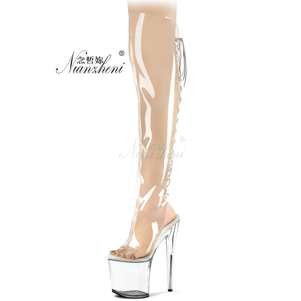 Exotic Open-Toe High Heels 20cm Sexy Platform 7-Inch Pole Dance Stripper Crystal-Encrusted Party Shoes Over-the-Knee Lace-Up