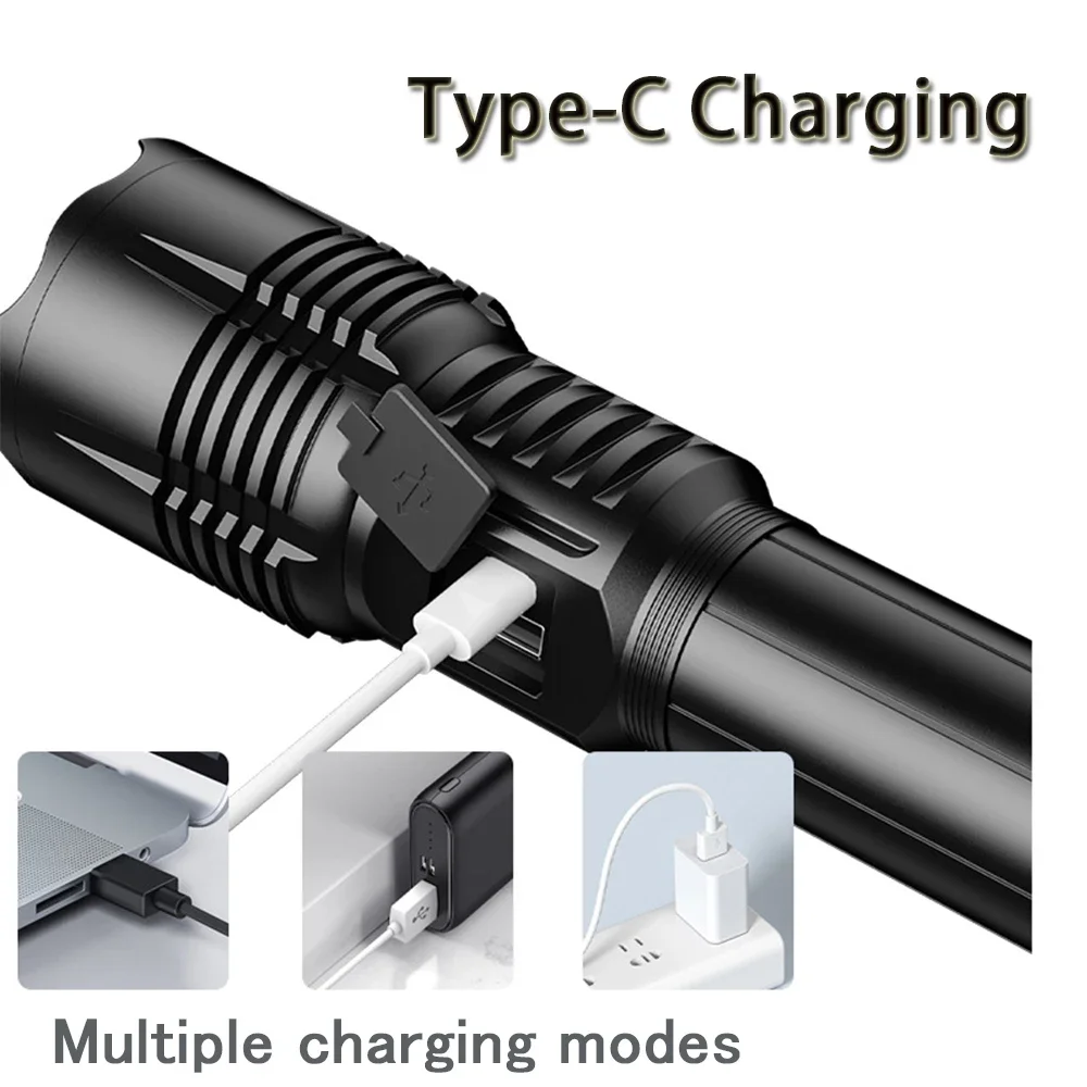 High Power Strong Light Long Range LEP Flashlight USB Charging 26650 Lithium Battery Outdoor Telescopic Zoom Super Bright Torch