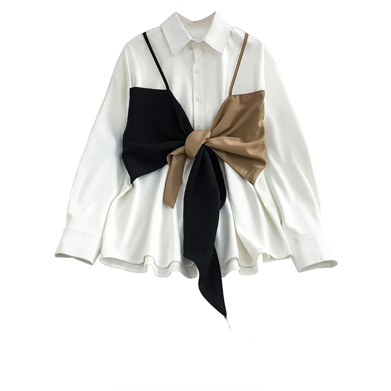 Contrast Color Chic Fashion Blouse Bow Patchwork Turn Down Collar Vintage Elegant All Match Casual Blusas Mujer De Moda