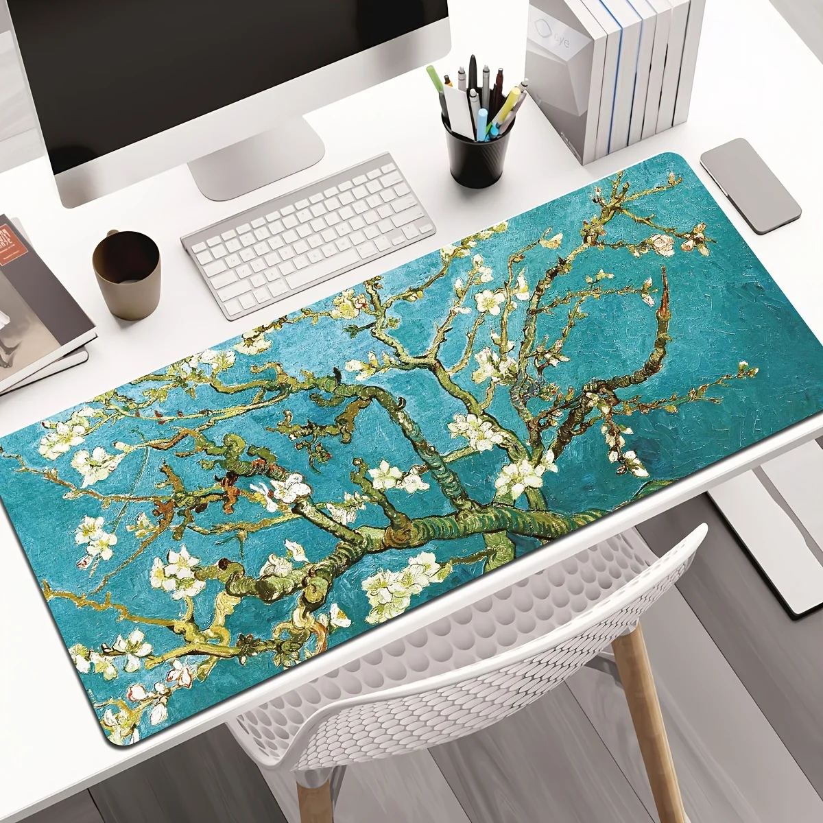 Van Gogh Blooming Apricot Flowers Pattern Gaming Mouse Pad Plush Desk Mat Gaming Mat Laptop Keyboard Use Gaming Rooms Gift