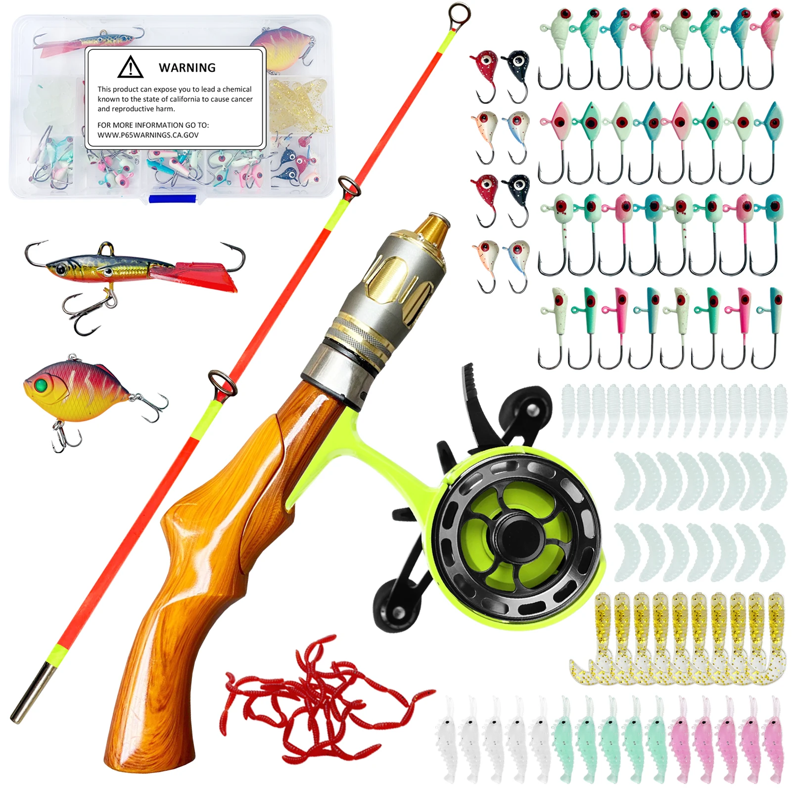 

Ice Fishing Rod Reel Combo 2-Section Fishing Pole 3.2:1 Ice Wheel Jig Head Hooks Soft Shrimps Baits Winter Fishing Tackle Set
