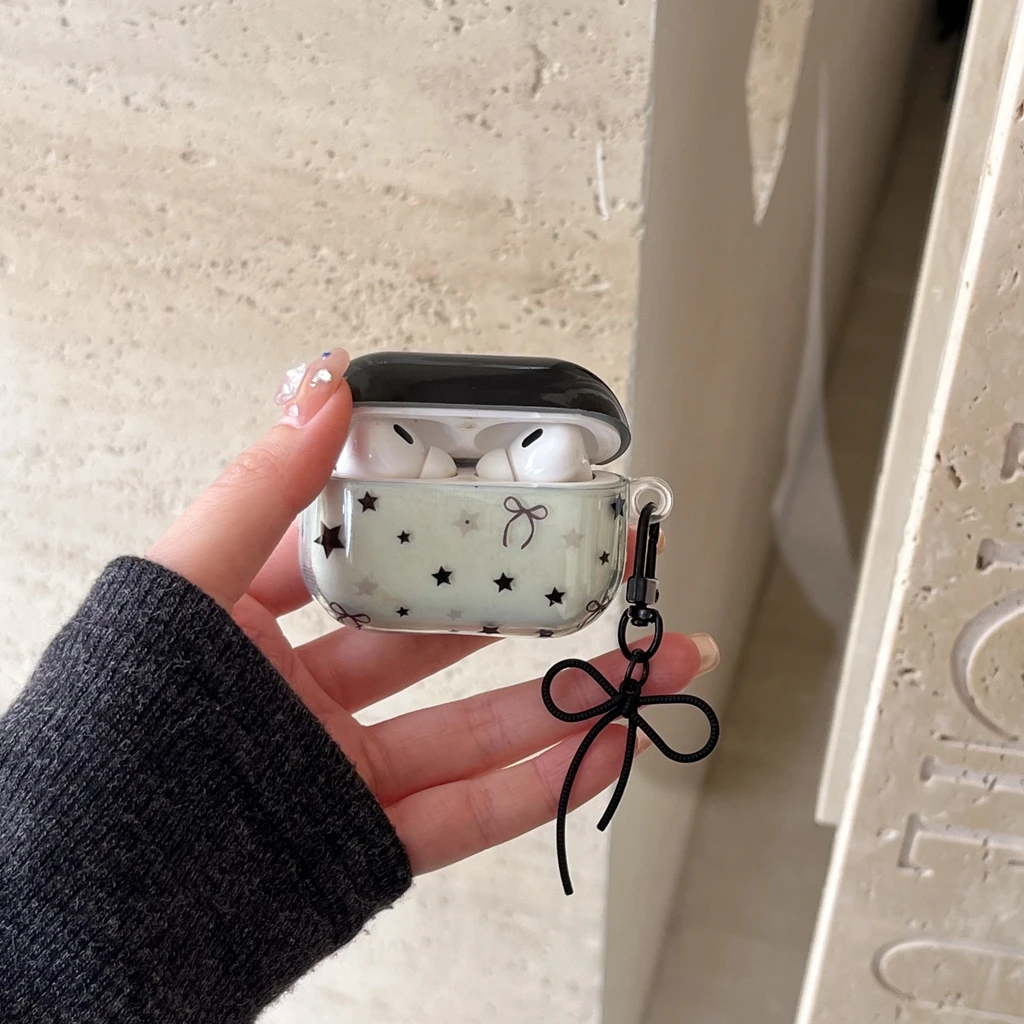 Ins أسود أخضر اللون الاصطدام التدريجي نجوم Bowknot الحبل سماعة غطاء الحال بالنسبة AirPods 1 أو 2 3 4 Pro2 Pro3