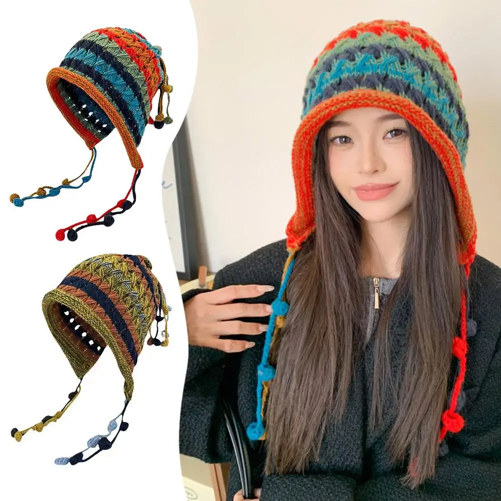 Crochet Beanie Hat For Women Knitted Slouchy Beanie With Cute Pom Pom Tassels Wide Brim Contrast Color Striped Cap Warm Ear A3F1