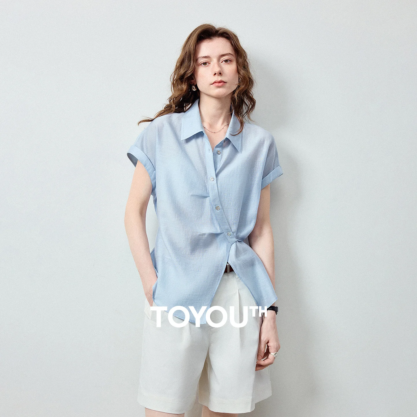 TOYOUTH Women Shirts 2026 Summer Lyocell Acetate Slit Asymmetric Placket Waist Cinched Rolled Cuff Vacation Style Blouses