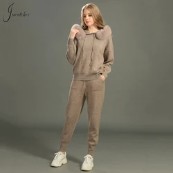 Jxwatcher Women's Sweater and Pant Sets With Real Fox Fur Collar Autumn Fashion Ladies Knitted Two Piece Set With Hooded Female