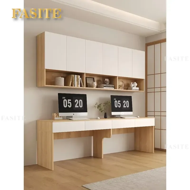 Solid Wood Desk with Wardrobe Combo Wall Cabinet Bookshelf Space Saving Computer Writing Table for Home Office Bedroom