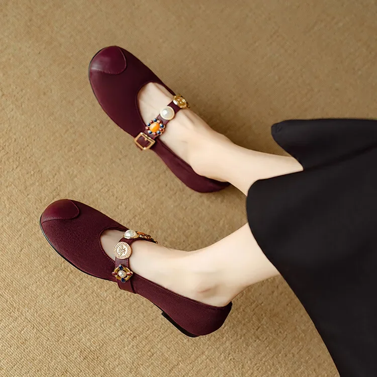 

Rhinestones Design Burgundy Mary Jane Retro Shoes Flat Round Toe Genuine Leather Old Money Buckle Straps Luxury Cozy