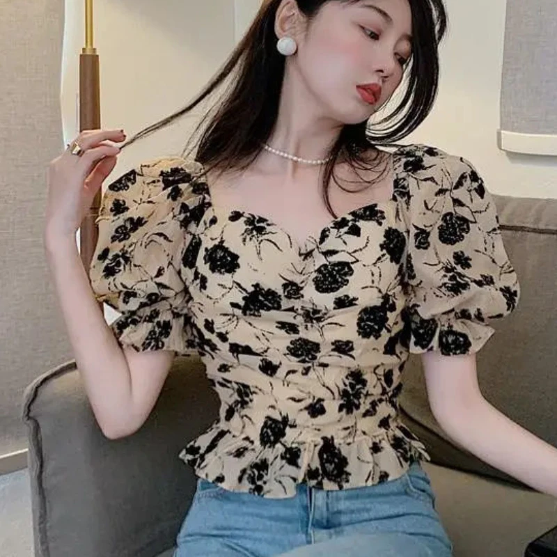 Floral Blouses Women Puff Sleeve Elegant Vintage Ruffles Design Female Hotsweet Slim Summer New Korean Style Aesthetic Gentle