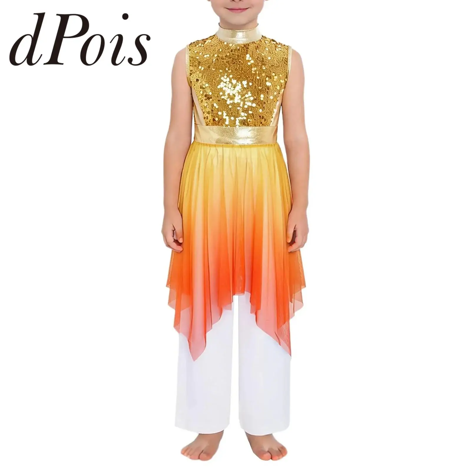 

Детское платье для поклонения с блестками, лирический литургический танцевальный костюм без рукавов, танцевальное платье для больших девочек с широкими брюками