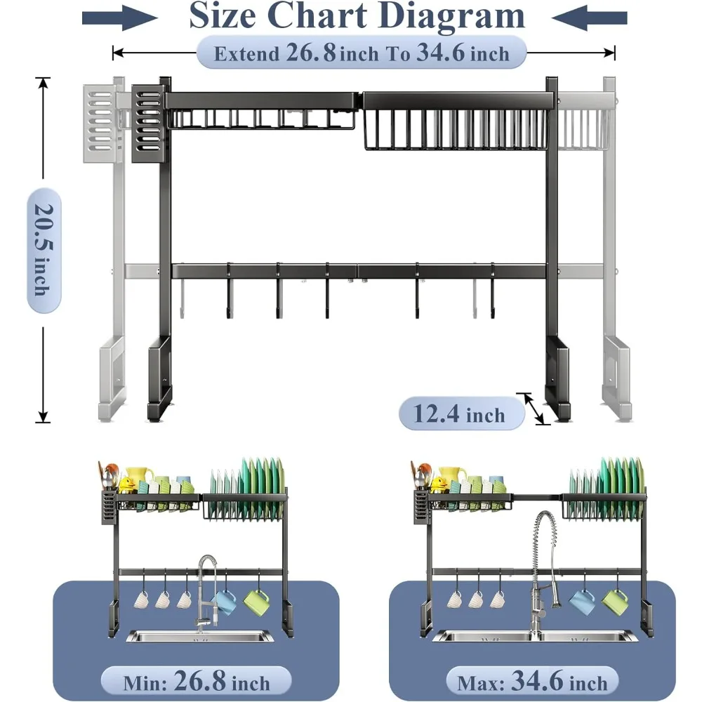 Сушилка для посуды над раковиной, регулируемая (от 26,8 до 34,6 дюйма) Большая сушилка для посуды, стойка для кухни с несколькими ручками