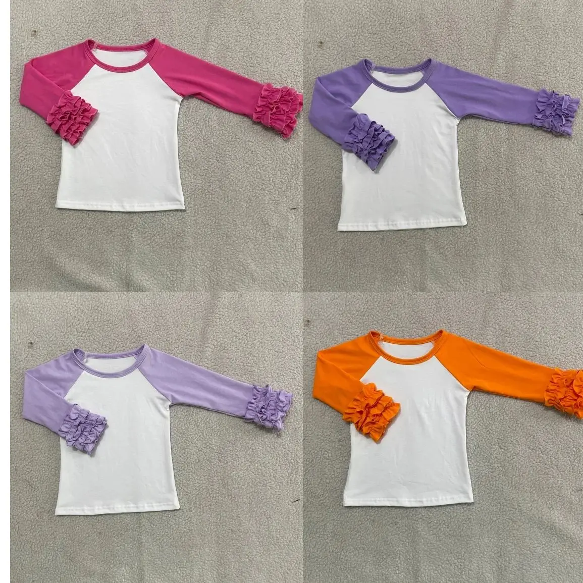 

New Arrival Cotton Fall Ruffle Raglan Kids Children's Icing T Shirt Popular Boy and Girls Icing Long Sleeve Shirts
