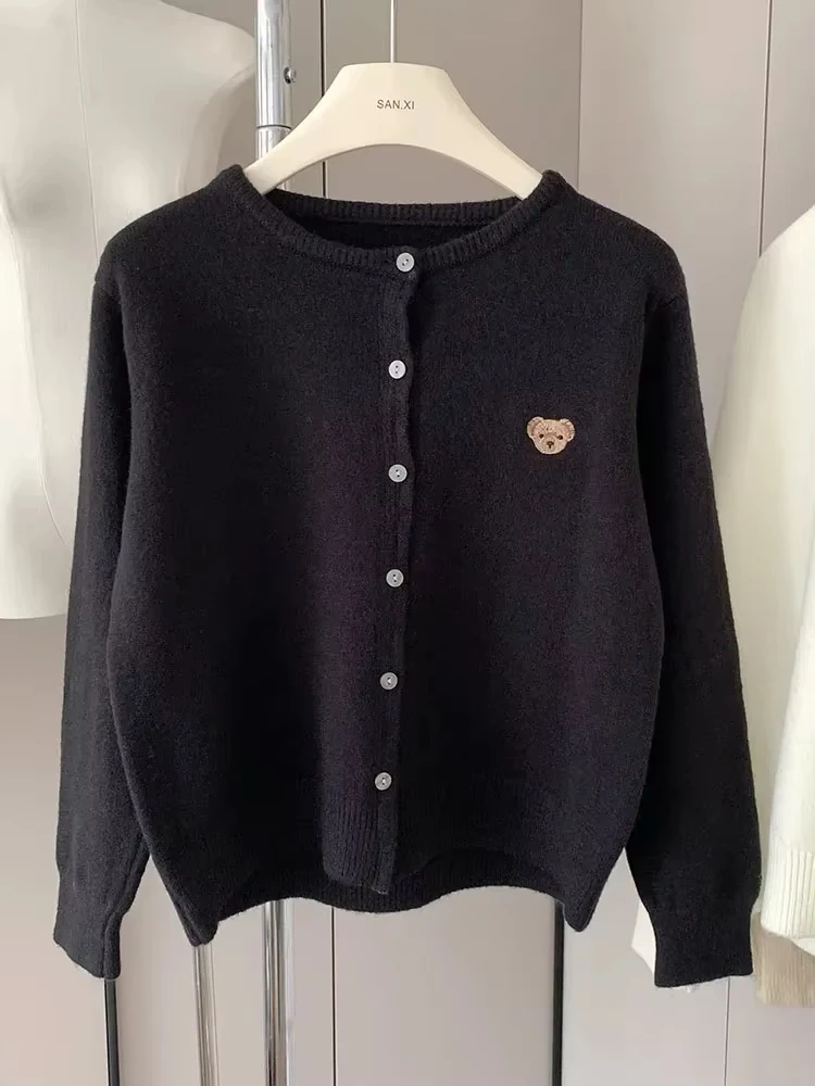 

Autumn Neck Knit Sweater Sweet Cartoon Embroidery Casual Tops Japanese Fashion Single Breasted