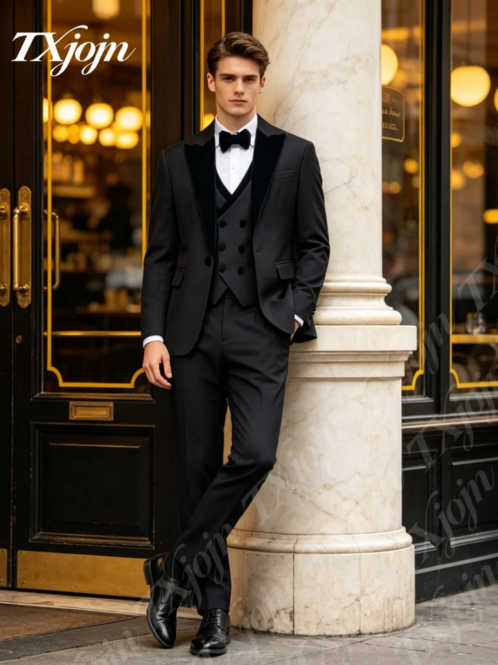 

Elegant Black 3PCS Formal Suit With Black Velvet Peak Lapel For Sleek Men Slim Fit Tuxedo Set For Wedding And Special Occasions