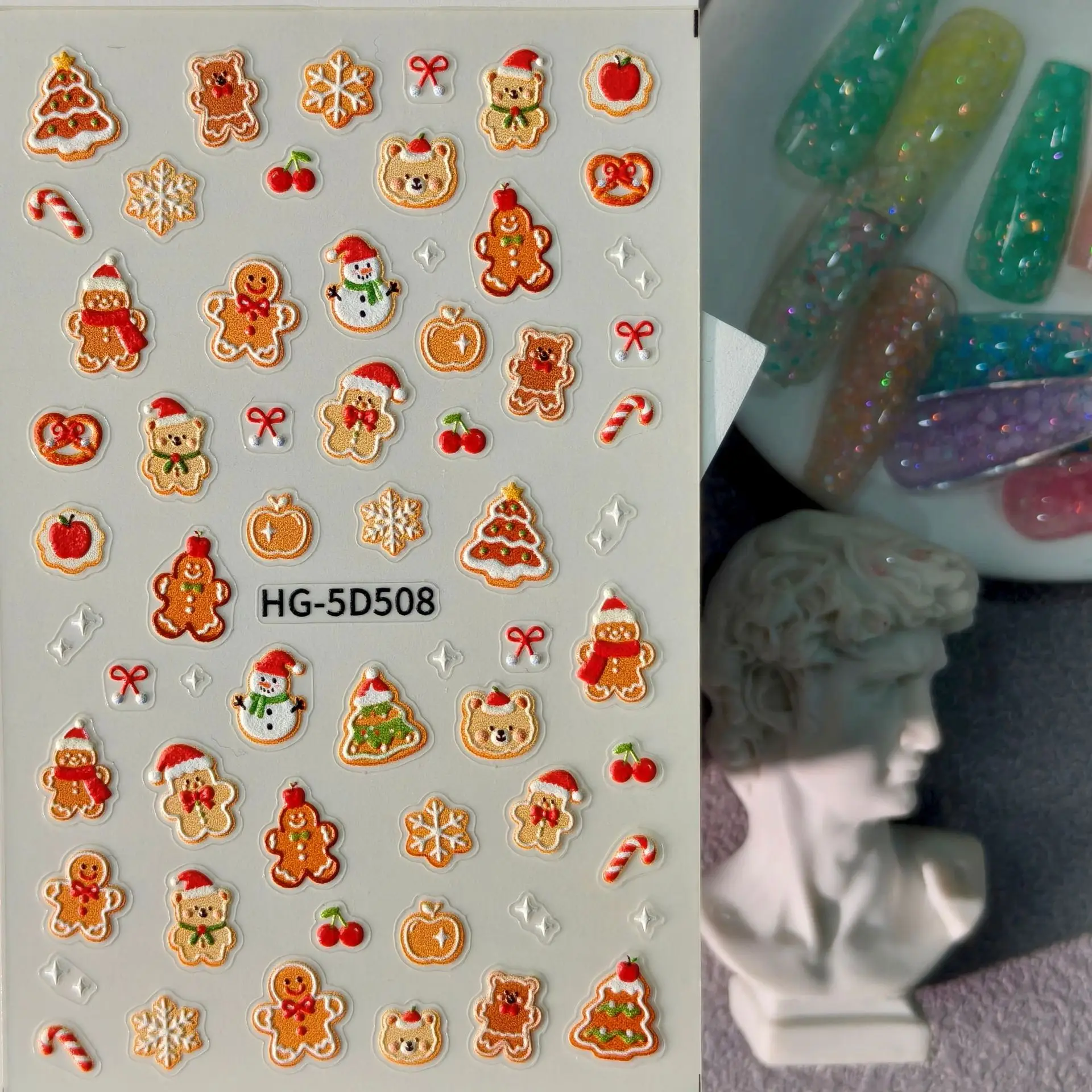 1 Set Christmas Embossed Nail Stickers 3D Bear Gingerbread Man Self Adhesive DIY Festive Manicure Nail Art Decor