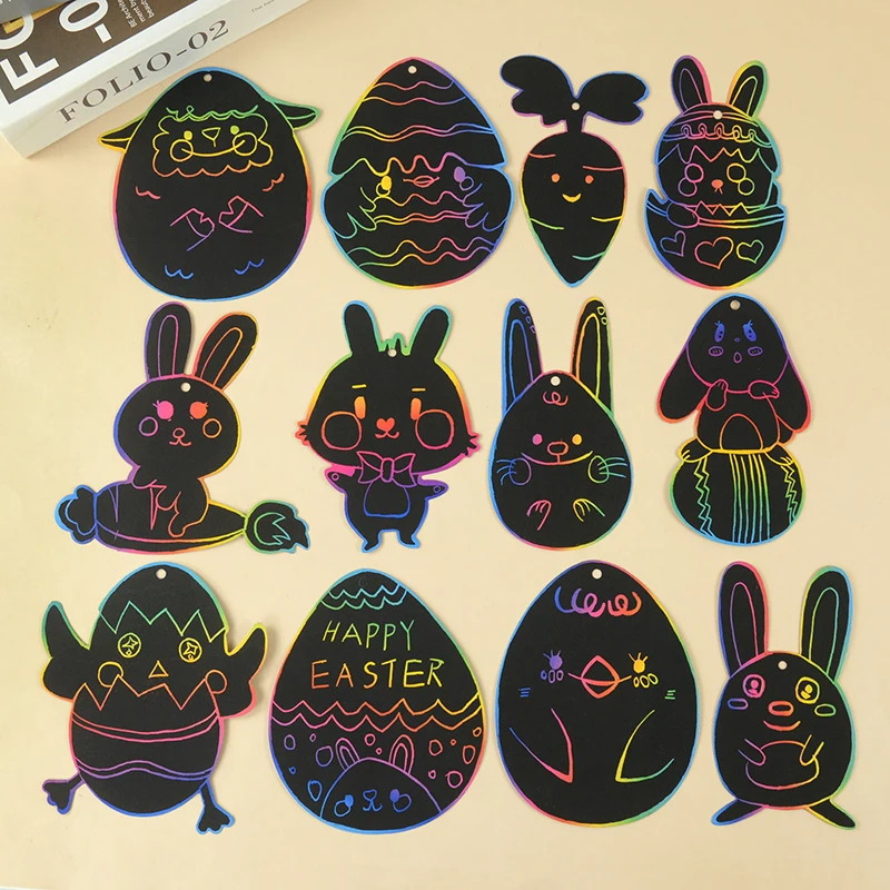 12pcs Easter Magic Scratch Art DIY Painting Crafts Kids Gift Easter Decoration Bunny Chick Colorful Scratch Painting Stencil