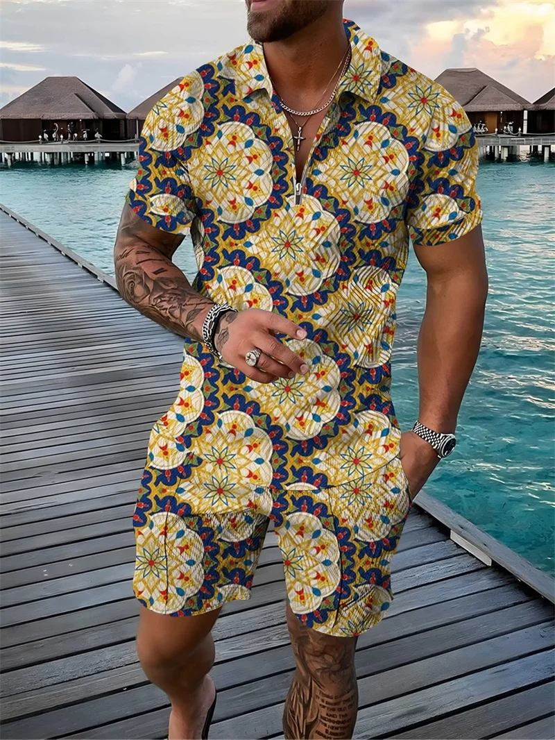 Summer Men Polo Shirt Sets For Men Jogging Sportwear Vintage Tracksuit 3D Print Two Piece Casual Outfit Trendy Suit Gym Clothes