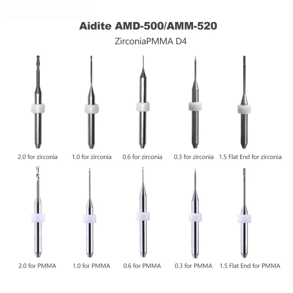 Aidite AMD-500 AMM-520 Dental Milling Burs for Zirconia Lithium Disilicate/Emax PEEK/PMMA D4 DC Coating