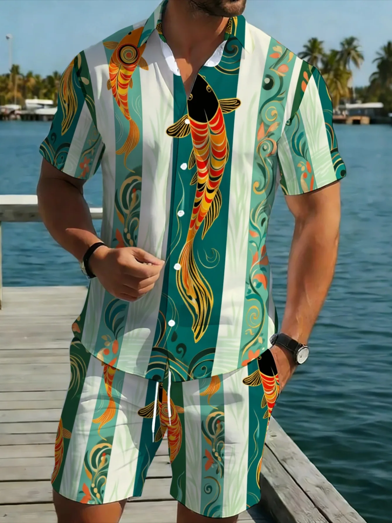 Traditional Lucky Fish Graphic Male Summer Suit Short Sleeve Shirt Loose Shorts Streetwear Tracksuit view 3