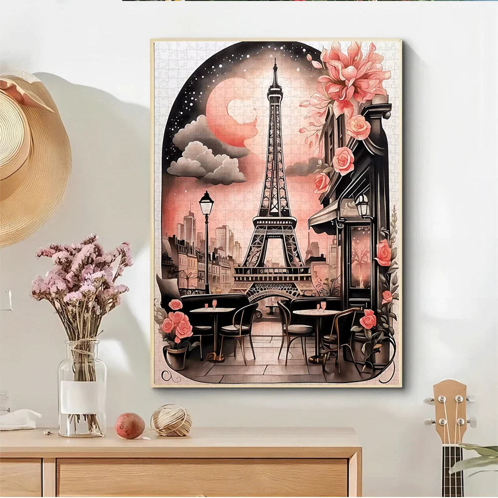 1000pcs Eiffel Tower Paris Street Scene Jigsaw Puzzle - Romantic Evening Skyline with Roses & Cafes, Vibrant Colors, Challengi