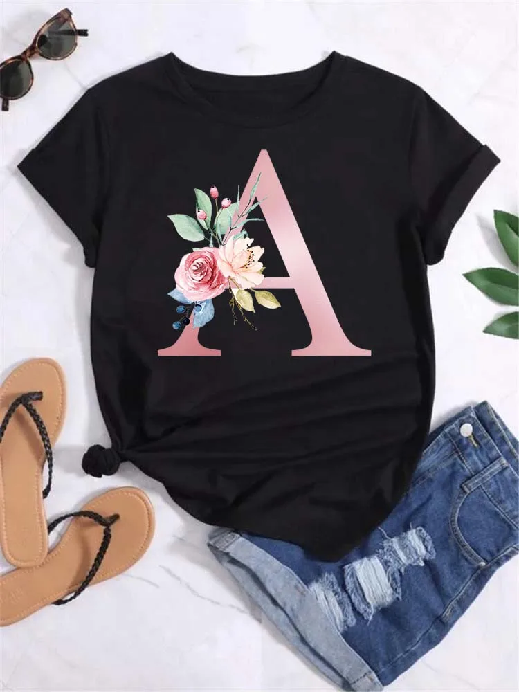 Maycaur Custom Name Letter Combination Fashion Women T-shirt Pink Flower Letter Font A-Z Short Sleeve Tops Black T-shirt Female