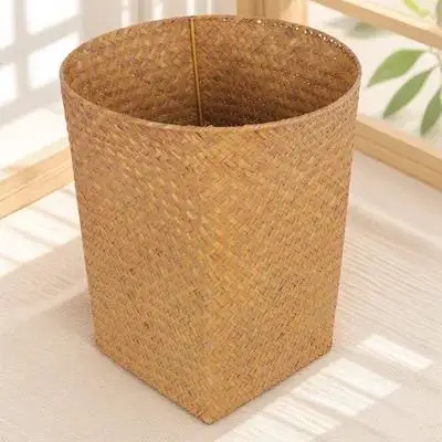 

Straw Woven Storage Basket Large Capacity Waste Paper Bin Baskets for Shelves Kids Room Toilet Kitchen Bedroom Office Home Trash