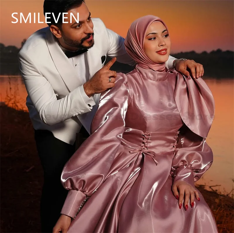 Smileven-vestidos de graduación brillantes, color rosa, modestos, mangas largas, vestido de noche de fiesta de lujo, Arabia Saudita, personalizado, 2025