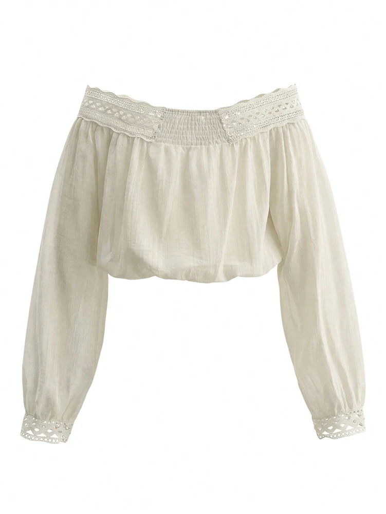 Stylisches Damen-Off-Shoulder-Oberteil mit Taillenbund, Spitzenbesatz, Langen Ärmeln und Bindedetail: Lässig und Elegant – Detail 4