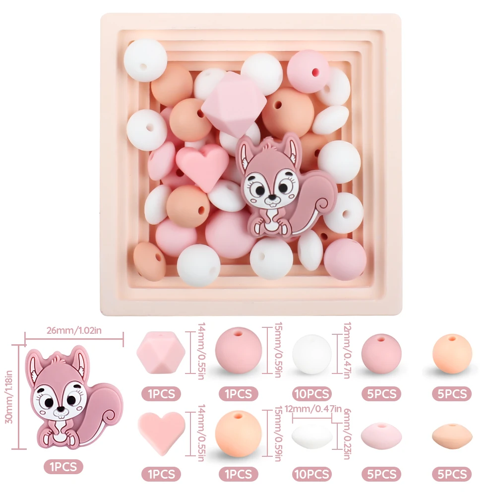 45pcs/Set Squirrel Silicone Beads Baby Round Heart Focal Beads Chew Set Food Grade DIY Pacifier Chain Clips Accessories
