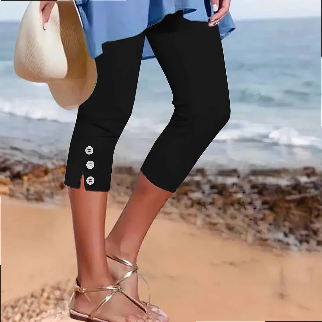 Women's Stretchy Solid Cropped Pants Capri Leggings Summer Spring Fashion Button Casual