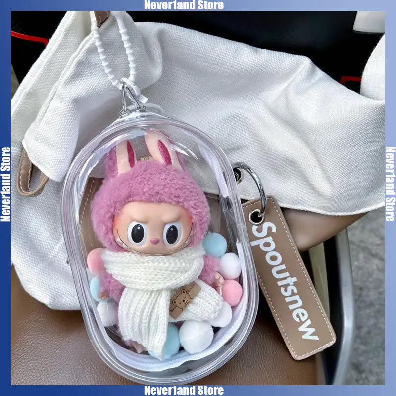 Casing pelindung transparan Labubu I II, kotak tampilan portabel Mini boneka mewah tahan debu 15cm 17cm aksesoris boneka tas