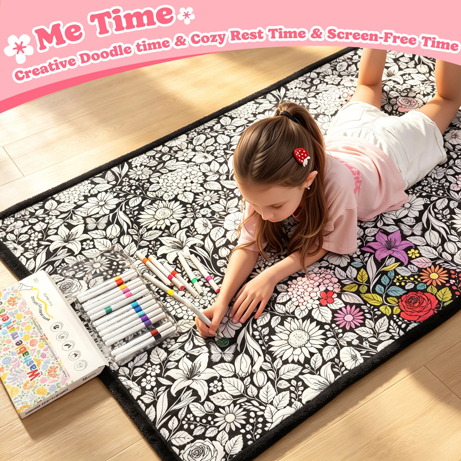 Royamoon Washable Coloring Blanket with 20 Markers,40x60 Inch Cozy Doodle Mat,DIY Crafts Home Decor Gift for Kids & Adults (Flower)