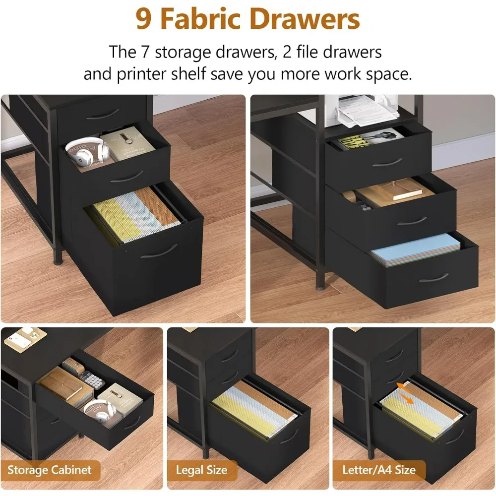 مكتب كمبيوتر طويل 98.4 بوصة مع 9 أدراج، مكتب ألعاب لشخصين مع أضواء LED ومخرج طاقة، مكتب مكتب منزلي لشخصين مع S