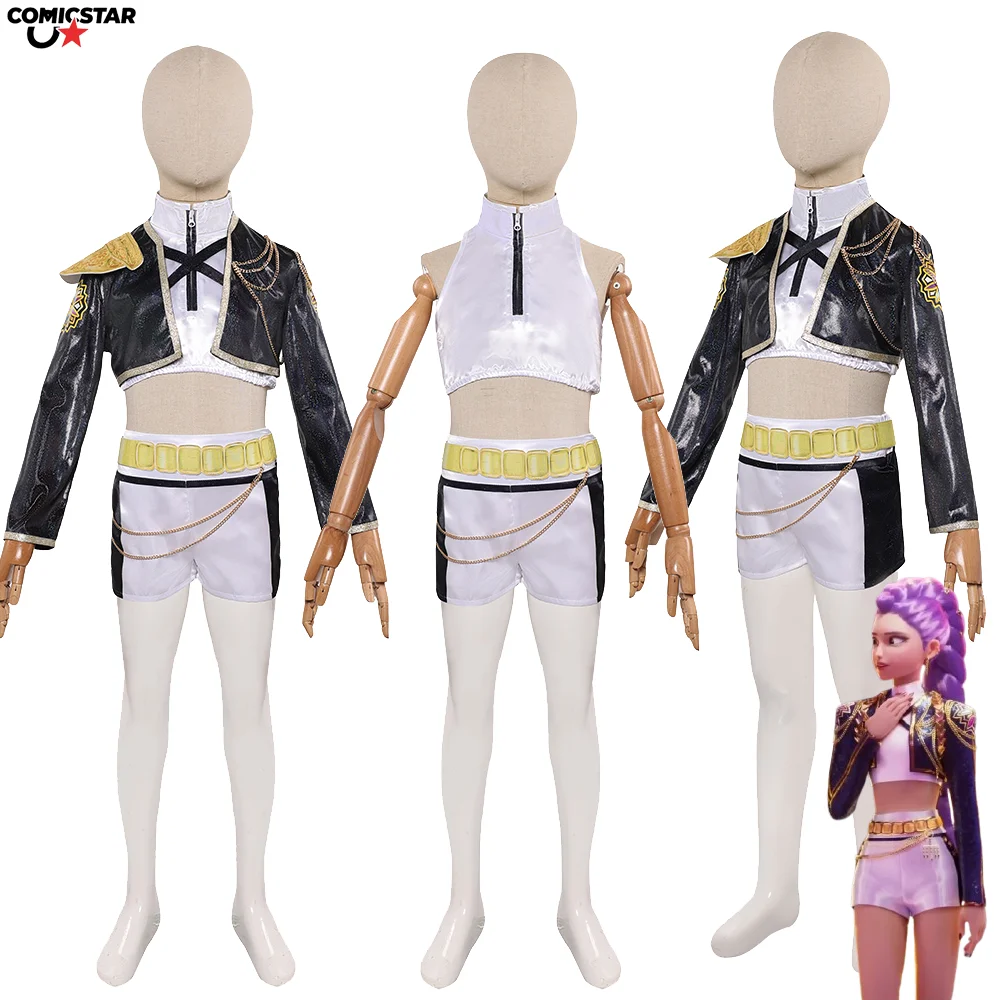 

KPOP Huntrix Demon Hunters Rumi Mira Cosplay Costume Girl Black Gold Stage Uniform Outfit Halloween Party Children Kids Suit