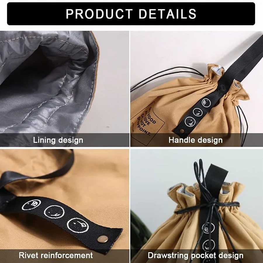 Torba na lunch z płótna o dużej pojemności z folią aluminiową termiczną i sznurkiem do zamknięcia, torba na jedzenie, owoce, bento na piknik, do pracy.