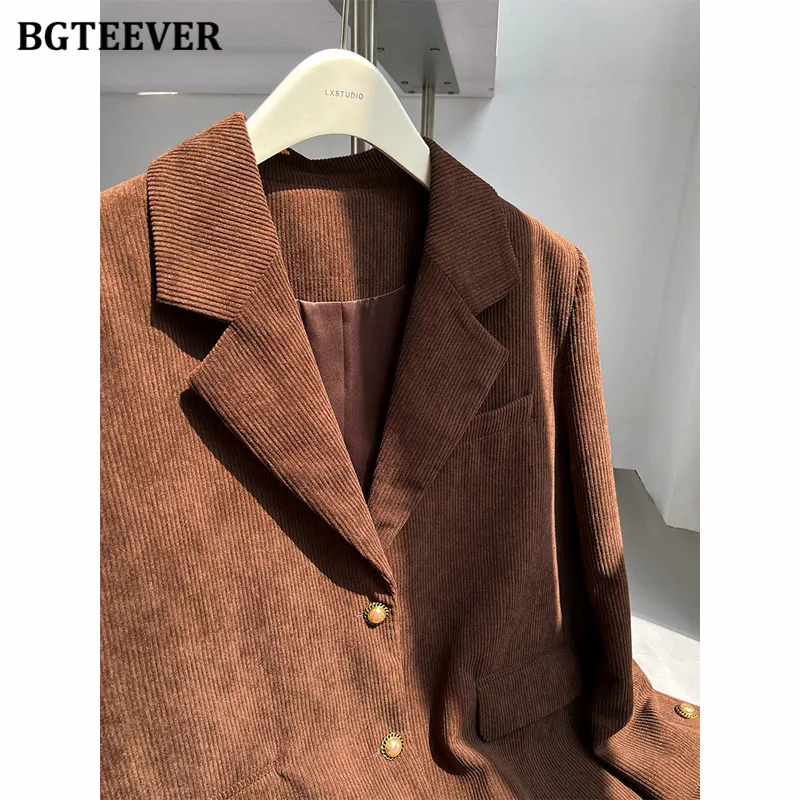 BGTEEVER Vintage Loose Corduroy Blazer Jackets for Women Long Sleeve Single-breasted Female Suit Coats Autumn Winter