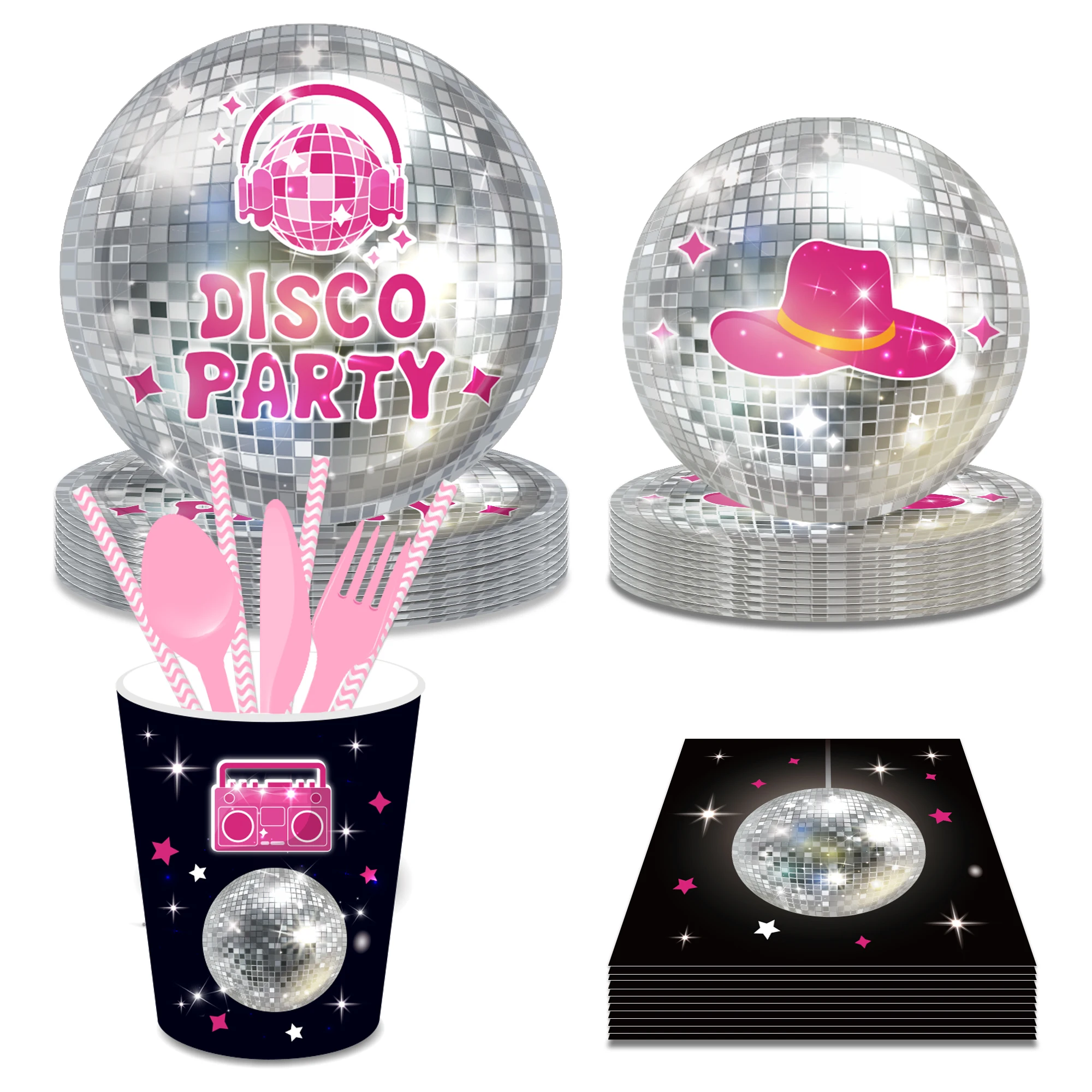 Conjuntos de talheres descartáveis para festa de música discoteca, holofote prateado, iluminação, clube, pratos de aniversário, guardanapos, copos, decoração de festa de chá de bebê