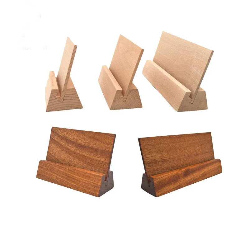 5pcs Solid Wood Table Sign Card Holder Price Tag Sapele/ Beech Menu Holder Desktop Photo Poster Display Stand Calendar Base