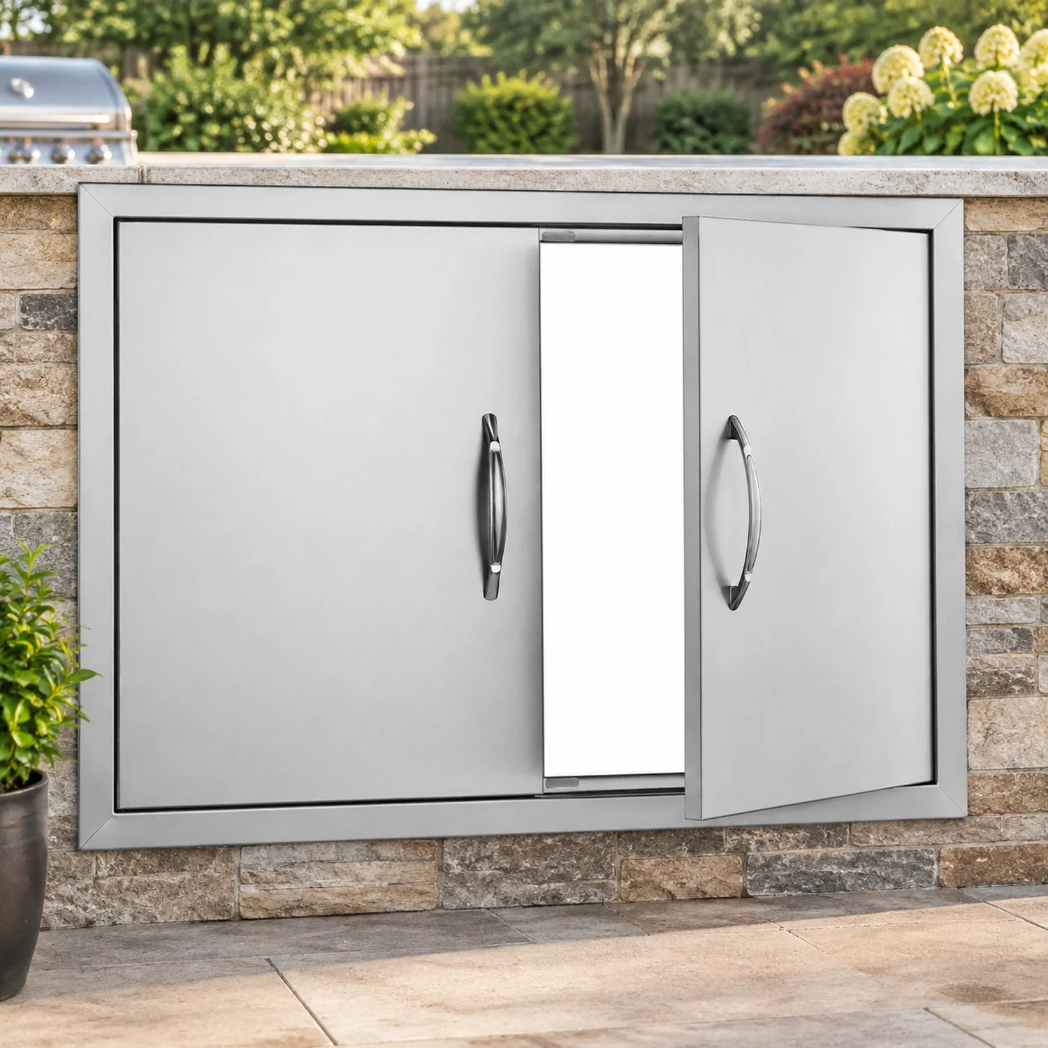 BBQ Access Door, 30W x 21H Inch Double Outdoor Kitchen, Stainless Steel Flush Mount, Wall Vertical with Handles, for Island