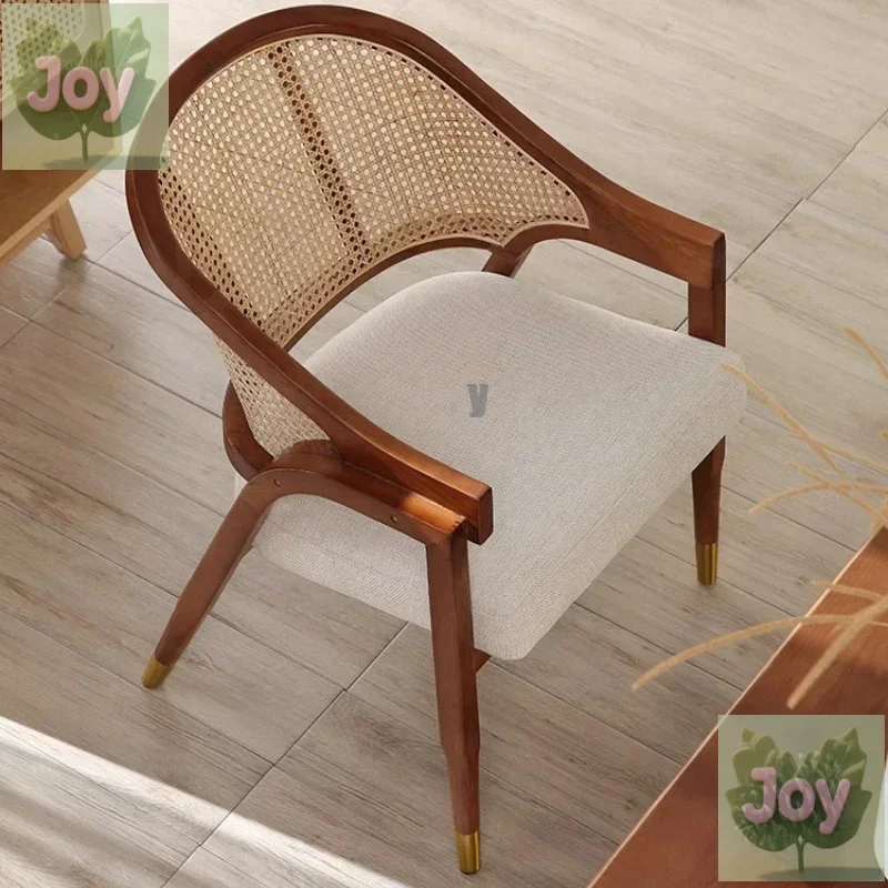 

European Retro Dining Chairs Solid Wood Rattan Chair Home Restaurant Coffee Soft Bag Armchairs Designer Office Negotiation Chair