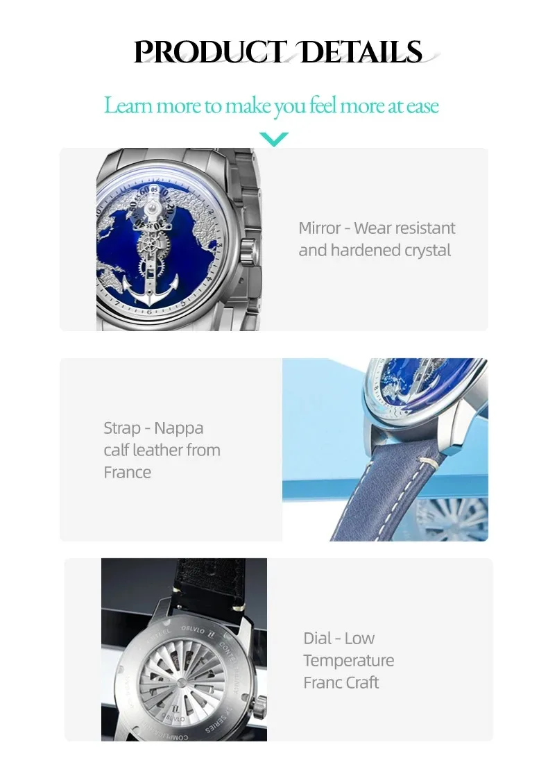 Автоматические Мужские часы OBLVLO, роскошные механические наручные часы 42 мм, водонепроницаемые часы с сапфировым навигационным циферблатом и картой