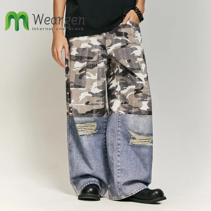 Men Hole-Stitched Digital Printed Jeans Autumn Winter New American Street Fashion Men Wide-leg Trousers 13441W24