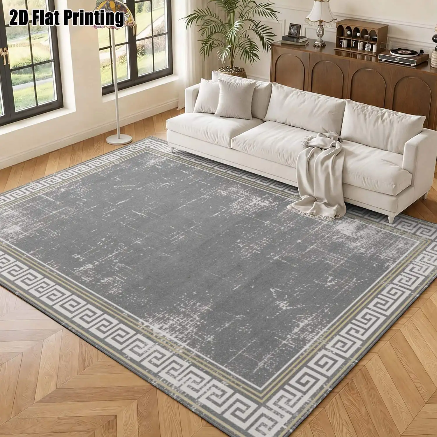 1Pc 2D Printed Retro Gray Geometric Border Carpet: Vintage European-Style Home Decor Rug, Machine Washable, Multi-Size, for Entryway, Dining Room, Foyer, Bedroom, Living Room