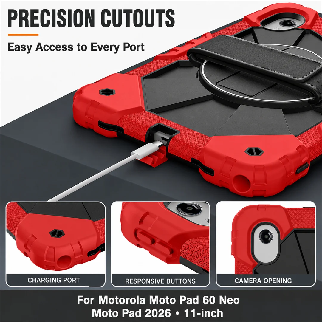 Heavy Duty Kids Armor Shockproof Tablet Case for Moto Pad 60 Neo 2026 11" 360°Rotatable Hand Strap Kickstand Cover Wrist Lanyard