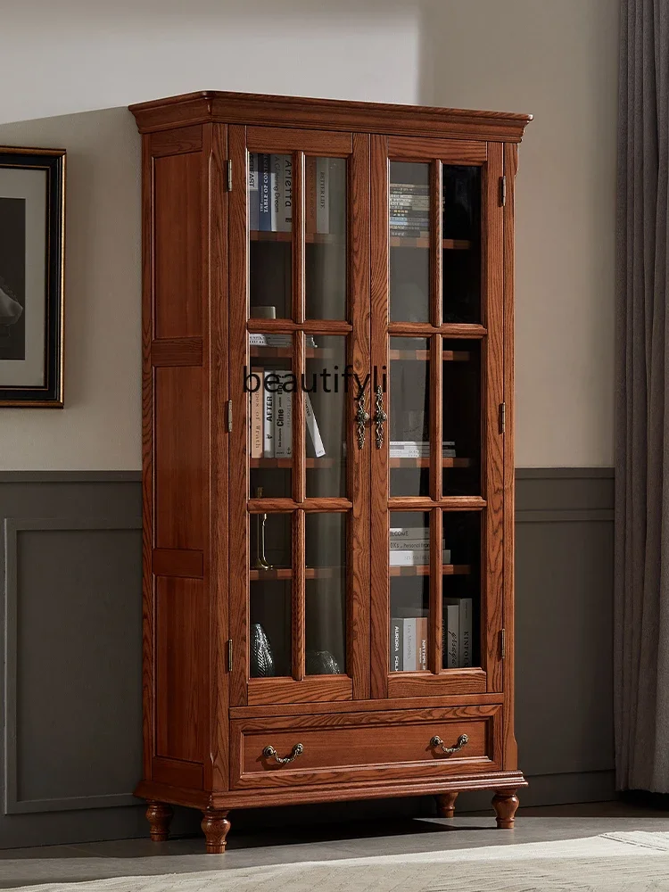 High-end American all-solid wood bookcase with glass ash wood log bookshelf floor-to-ceiling storage display cabinet