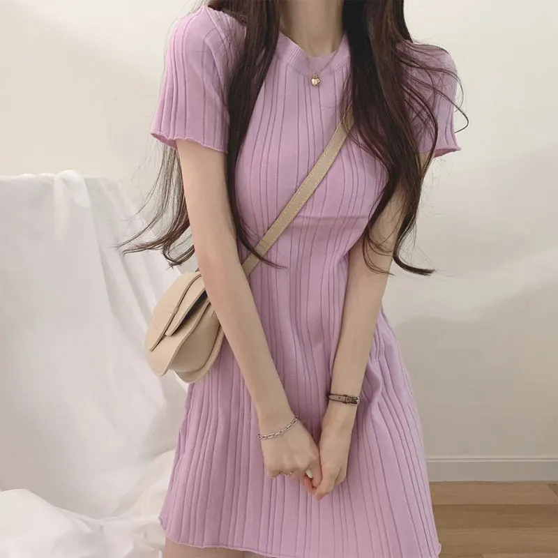 Summer Korean O-Neck Mini Dress Female Clothing All-match Solid Color Short Sleeve Casual A-Line Waist Elegant Folds Dresses New