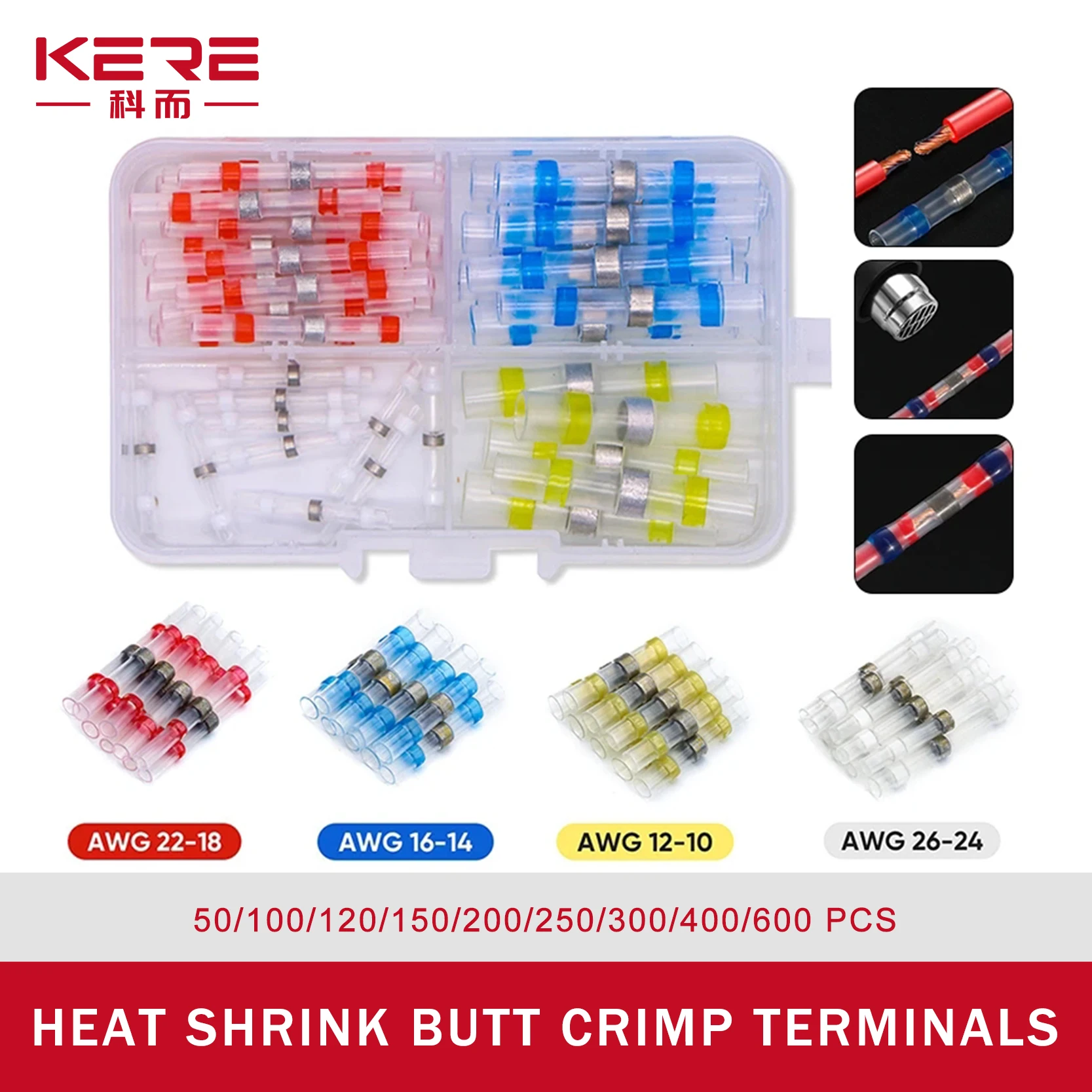 KERE 50/100/120/150/200/250/300/400/600Pcs Waterproof Connector AWG Heat Shrink Butt Crimp Terminal Wire Cable Splice Kit