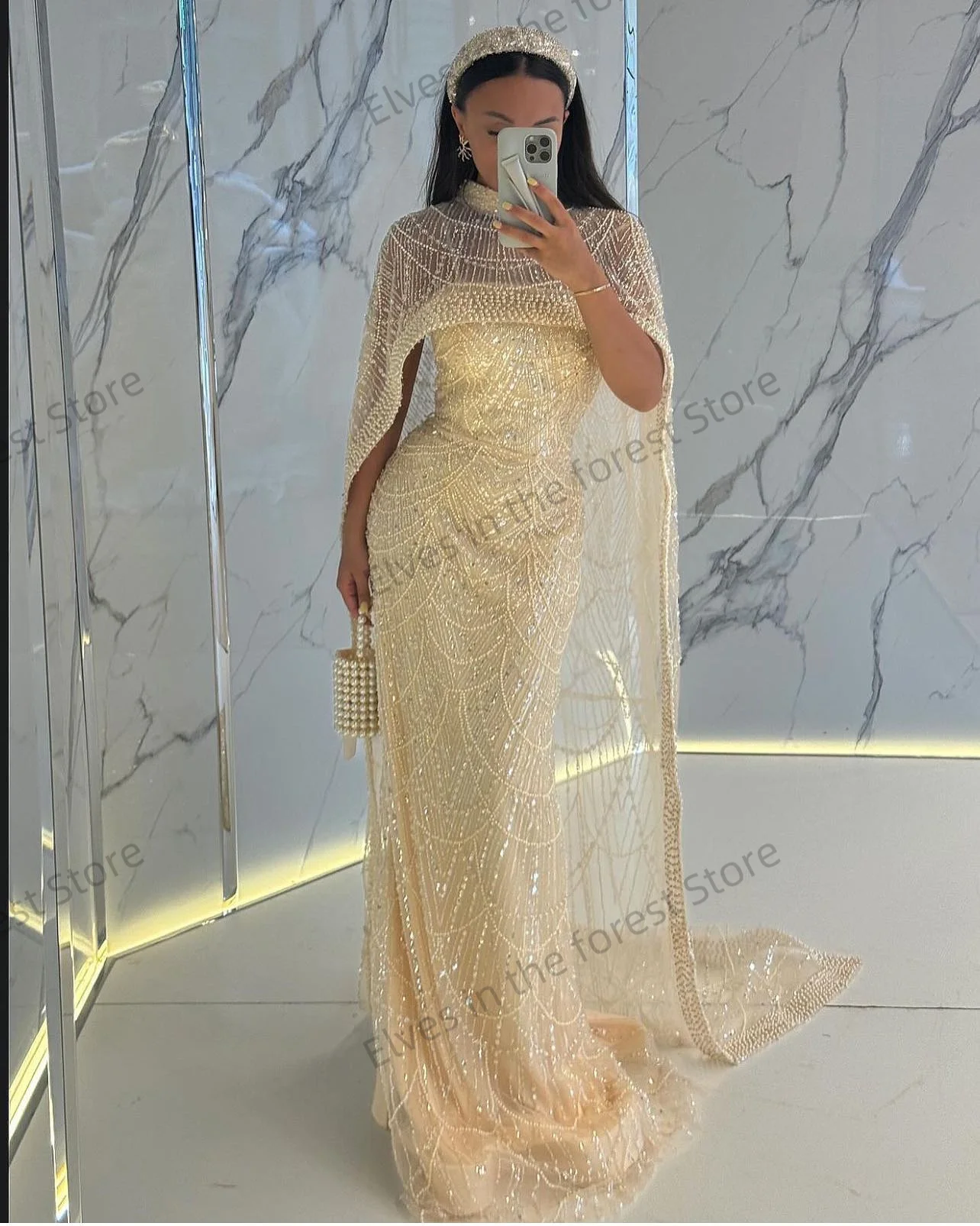 Luxo champanhe vestidos de noite lindo sereia vestidos de baile para eventos formais personalizado miçangas lantejoulas feminino vestidos de gala