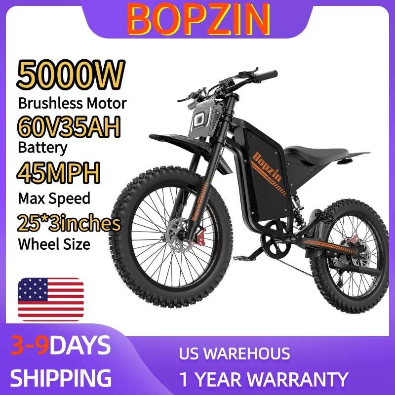 

BOPZIN Q8 Electric Bicycle 5000W 60V 35AH 45 MPH 25x3" Fat Tires Electric-Motorcycle Hydraulic Brakes Full Suspension UL2849