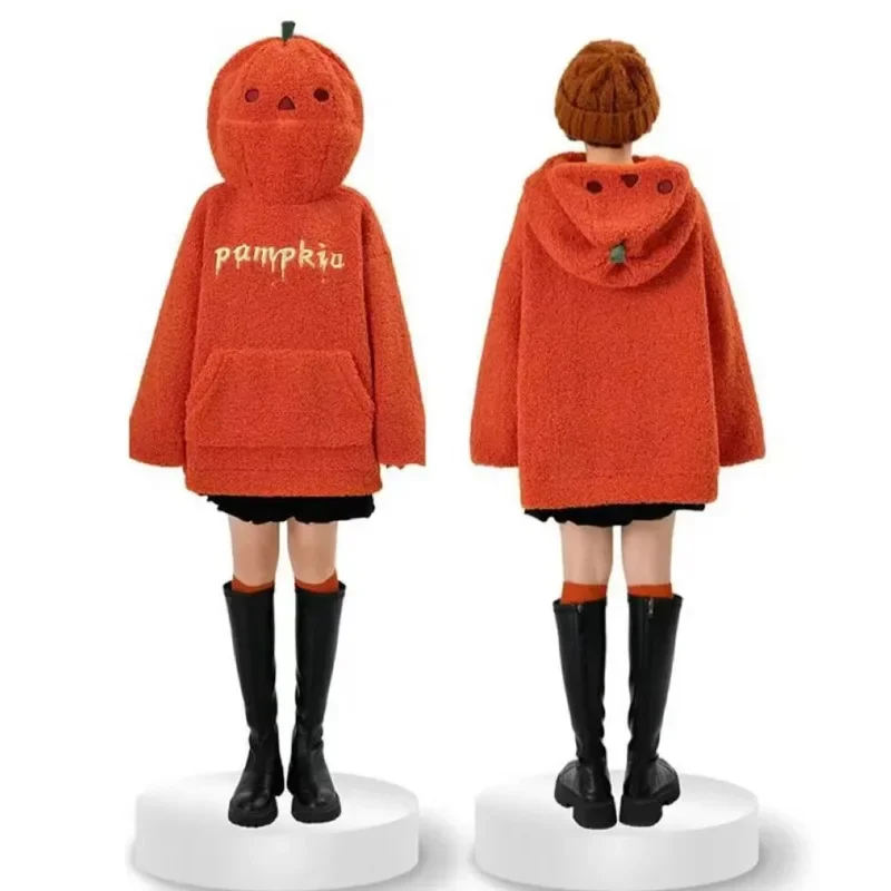 Halloween Pumpkin Shaped Hoodie Women Round Neck  Lamb Plush Decorated Embroidery Autumn Hooded Sweatshirt Cute Pullover Tops